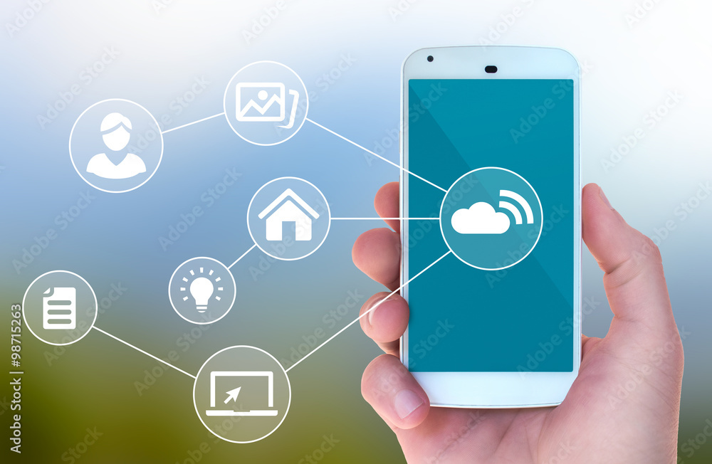 Modern mobile smart phone connected to wireless automation apps Modern mobile smart phone connected to wireless automation apps