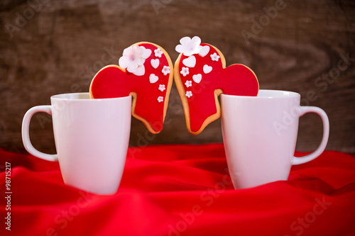 Cups with heart cookies for valentines day