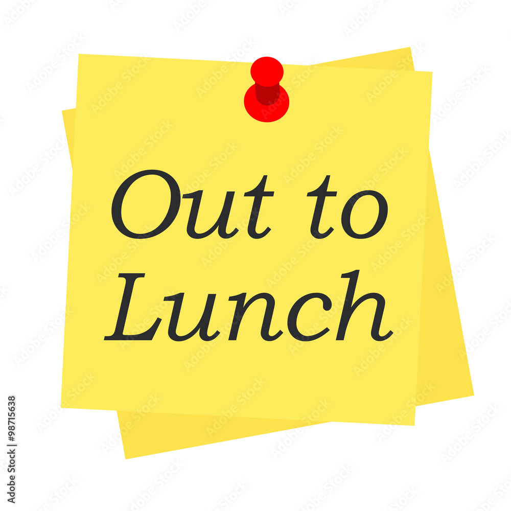 Icono plano Post-it con OUT TO LUNCH Icono plano Post-it con OUT TO LUNCH