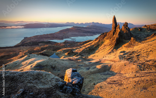 Fotografie, Obraz First light at sunrise over Old Man of Storr, Isle of Skye, Scotland, UK, on a c