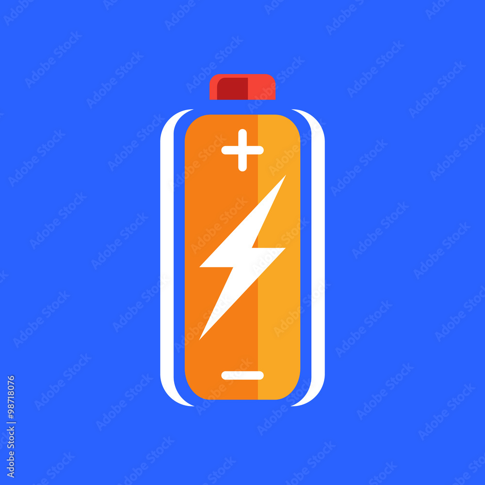 Orange battery charge icon. battery charge sign. battery charge symbol. Battery on blue background. Vector illustration. Orange battery charge icon. battery charge sign. battery charge symbol. Battery on blue background. Vector illustration.
