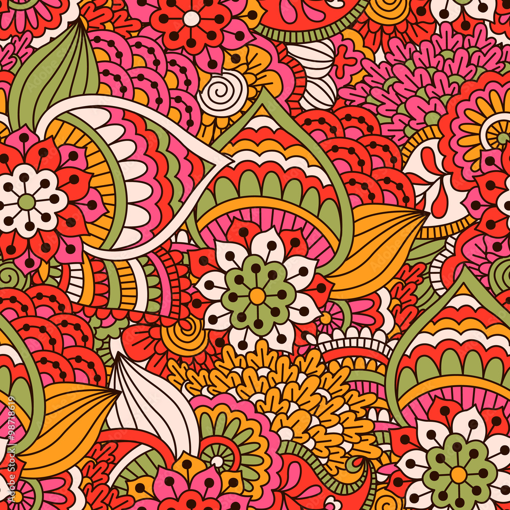 Hand drawn seamless pattern with floral elements. 