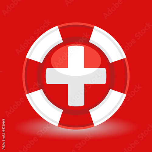 Lifebuoy / life preserver with medical cross icon concept on red background. Vector illustration