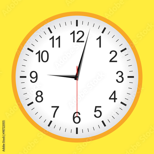 Yellow analogue clock. Vector illustration..