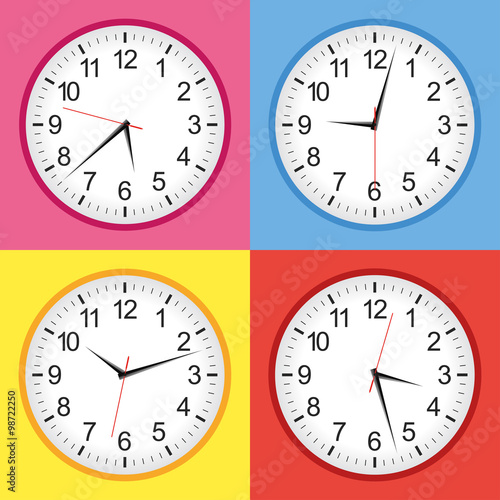 Flat style yellow, blue, pink and red analogue clock collection. Vector illustration.