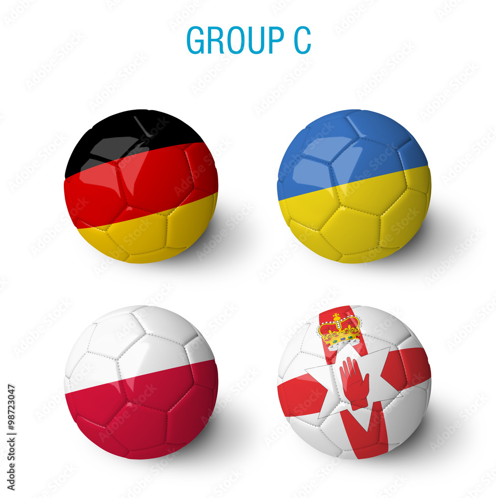 France 2016, group C. Balls with Germany, Ukraine, Poland and Northern Ireland flags isolated on white background France 2016, group C. Balls with Germany, Ukraine, Poland and Northern Ireland flags isolated on white background