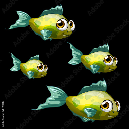 Green-yellow tropical fish, four cartoon vectors