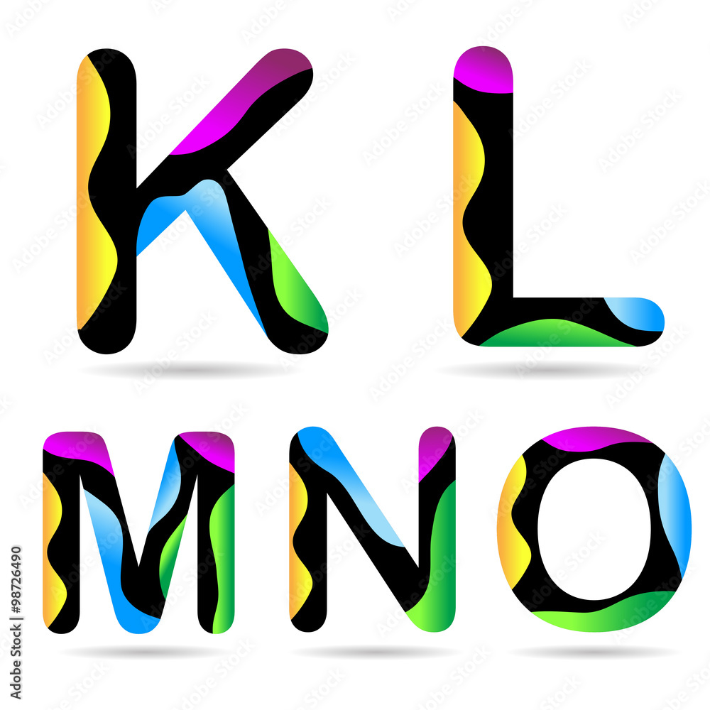Multicolor Alphabet on white background - Letter K L M N O, vector