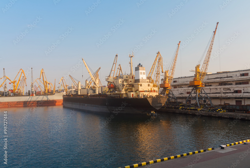 Cargo ships unloading at the port terminal. Odessa, Ukraine