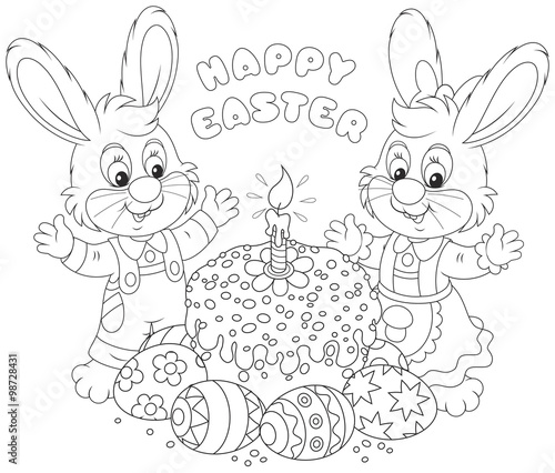 Happy little rabbits with a decorated Easter cake and colorfully painted eggs, a black and white vector illustration for a coloring book