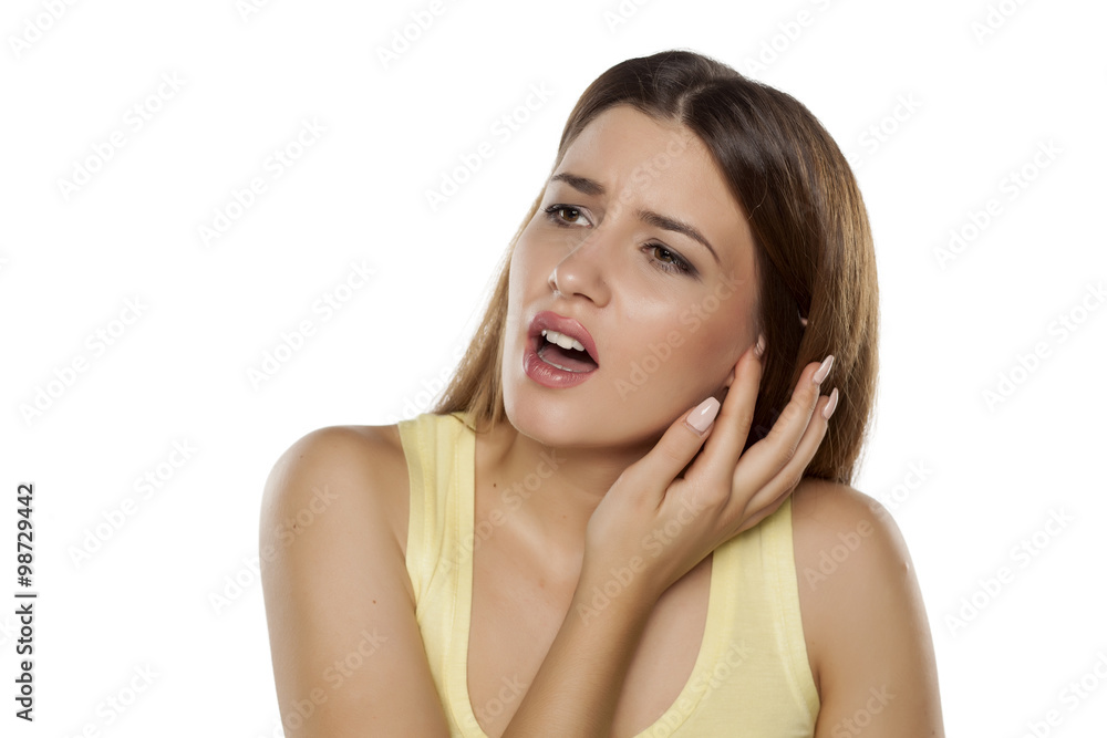 beautiful young woman has pain in the ear beautiful young woman has pain in the ear