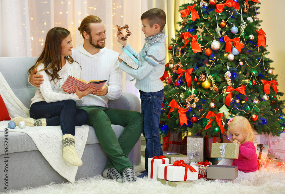 Christmas family portrait in home holiday living room Christmas family portrait in home holiday living room