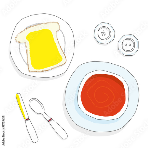 Bowl of tomato soup with bread and butter, cutlery and salt and pepper condiment pots in a hand drawn style viewed from overhead