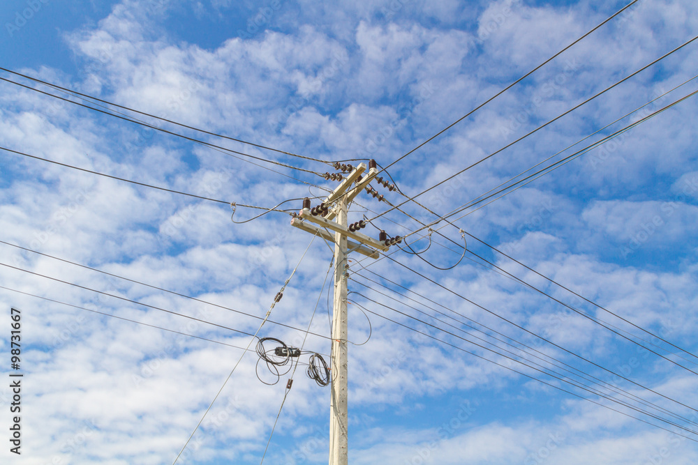 electric pole power lines and wires with blue sky electric pole power lines and wires with blue sky