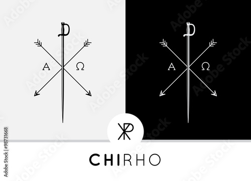Conceptual Abstract Chi-Rho Symbol design with sword & arrows combined with Alpha & Omega signs. Chi-Rho symbolizes the crucifixion of Jesus in the Christian faith. Vector design.