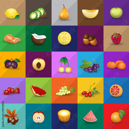 Fototapeta Naklejka Na Ścianę i Meble -  Fruits Icons Set - Isolated On Background - Vector Illustration