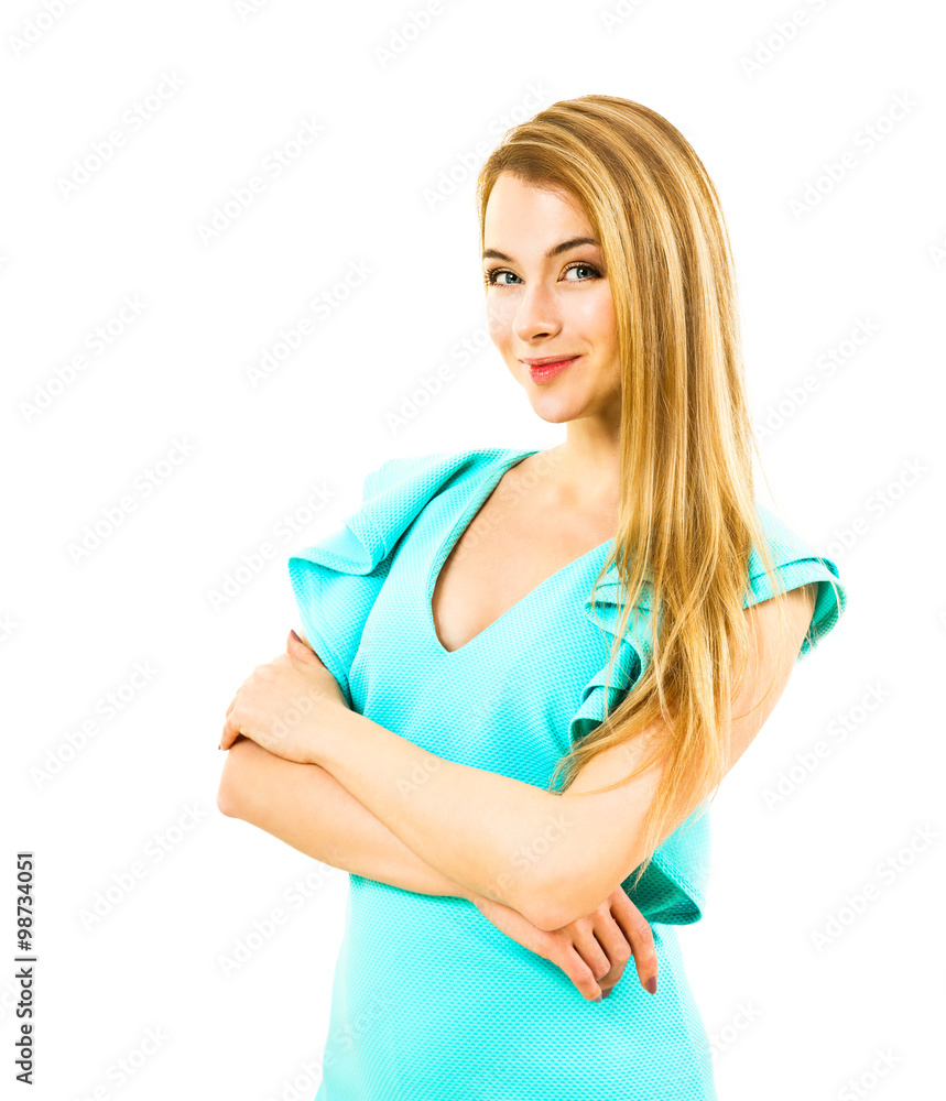 Smiling Foxy Woman in Turquoise Dress Isolated on White Smiling Foxy Woman in Turquoise Dress Isolated on White