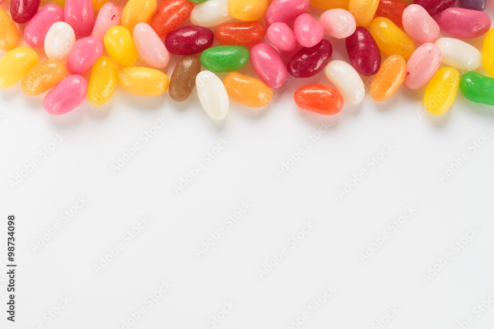 Jelly beans on white background. Copy space