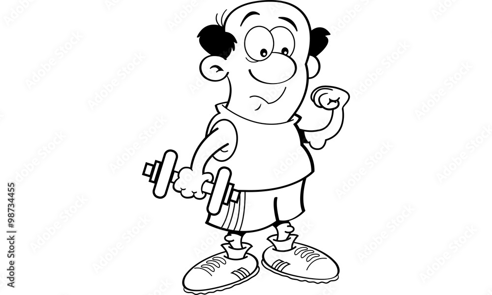 Black and white illustration of a weak man holding a dumbbell and making a muscle. Black and white illustration of a weak man holding a dumbbell and making a muscle.
