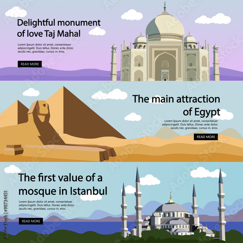 Travel banner vector set. International culture, tourist attractions and landmarks. Turkey Mosque, Egypt pyramids, India Taj Mahal