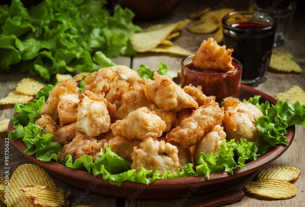 Fototapeta premium Nuggets, chicken tempura with green salad and tomato sauce on a