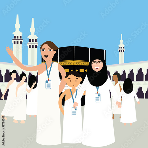family haj hajj pilgrim man father mother woman kids wearing islam hijab ihram clothes vector illustration mecca ka'ba kabba kaba