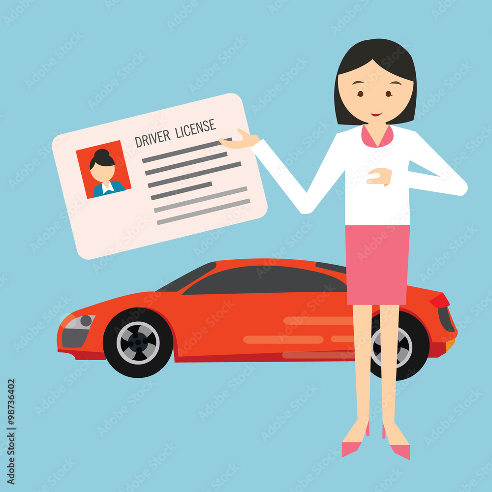 woman holding show driver driving license in front car woman holding show driver driving license in front car
