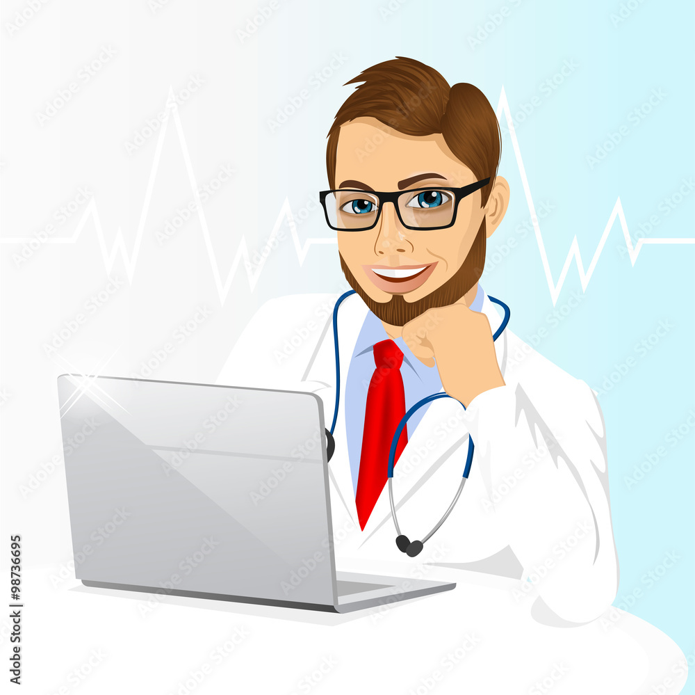 young doctor using his laptop computer
