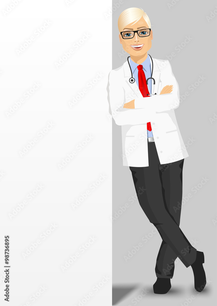 male doctor with glasses leaning against a blank board male doctor with glasses leaning against a blank board