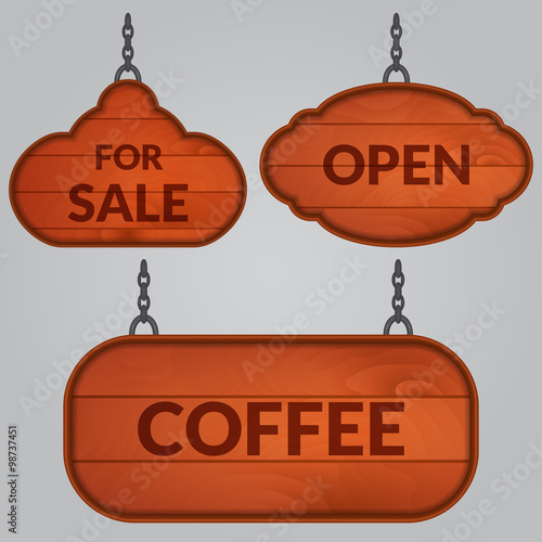 Set of wooden sign on the chains. Wooden signboards. Board, design element. Vector illustration.