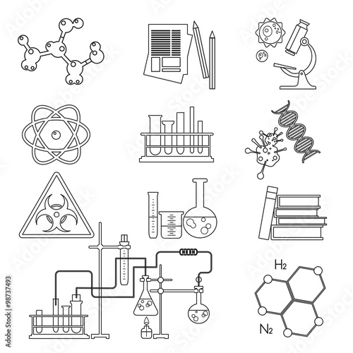 Chemical laboratory science and technology thin line icons set isolated. Workplace tools