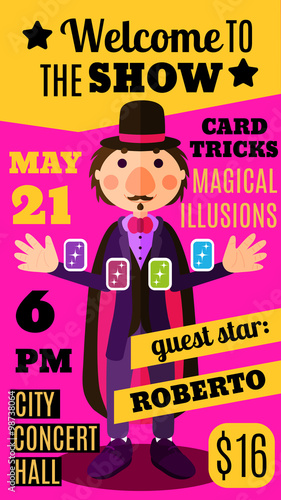 Flat circus background with magician doing card trick