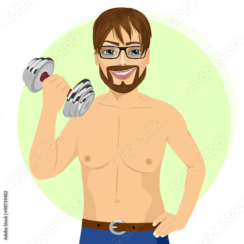 active handsome young man practicing fitness exercise with dumbbell