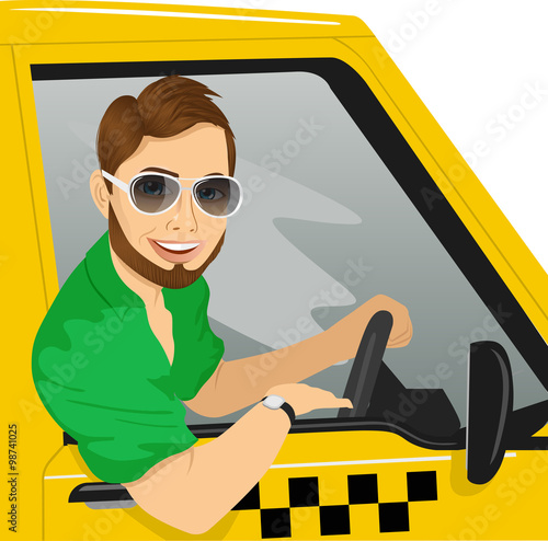 taxi driver with sunglasses in yellow car smiling