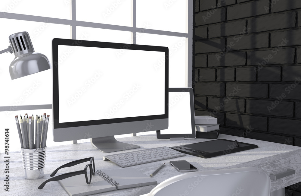 Fototapeta premium 3D illustration PC screen on table in office, Workspace