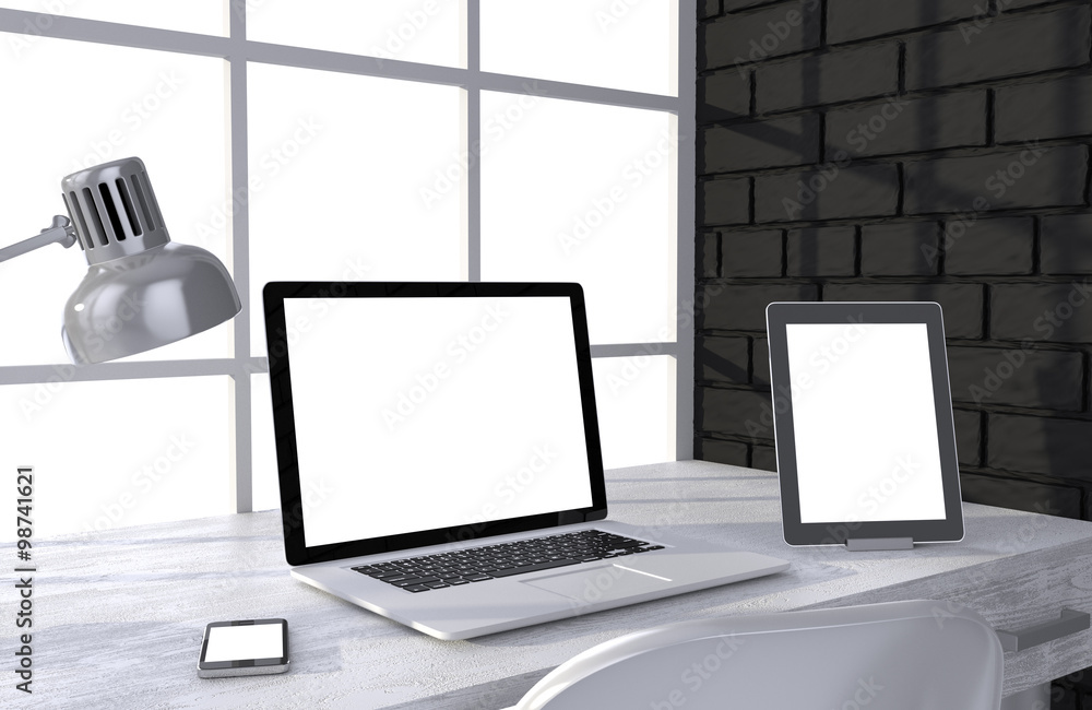 3D illustration laptop and work stuff on table near brick wall, Workspace 3D illustration laptop and work stuff on table near brick wall, Workspace