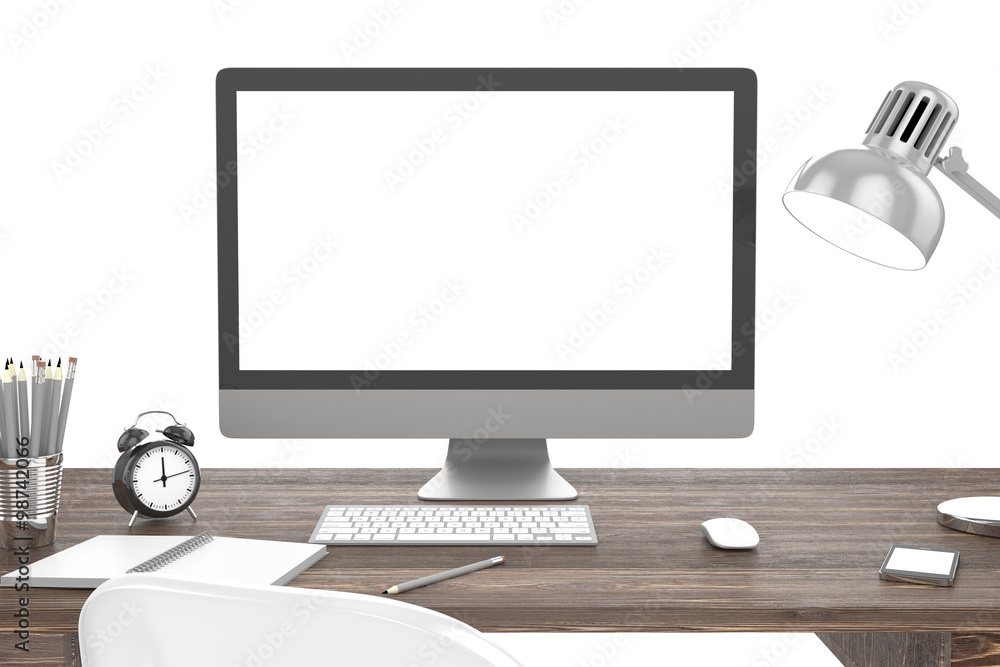 Fototapeta premium 3D illustration PC screen on table in office, Workspace