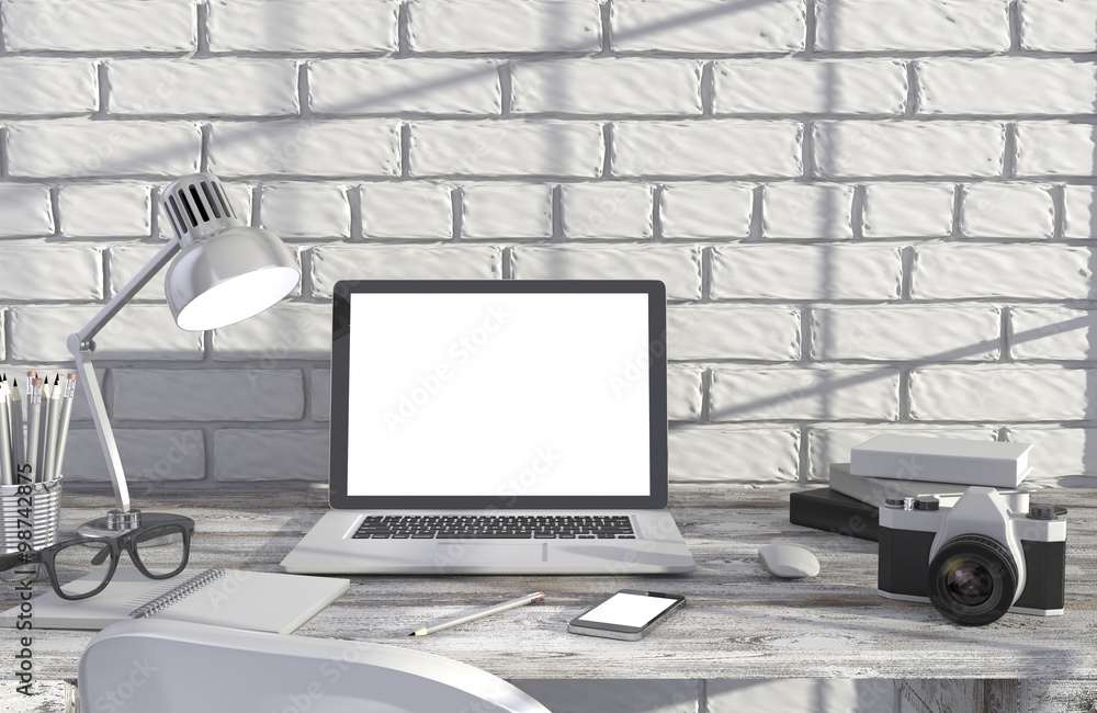 3D illustration laptop and work stuff on table near brick wall, Workspace 3D illustration laptop and work stuff on table near brick wall, Workspace