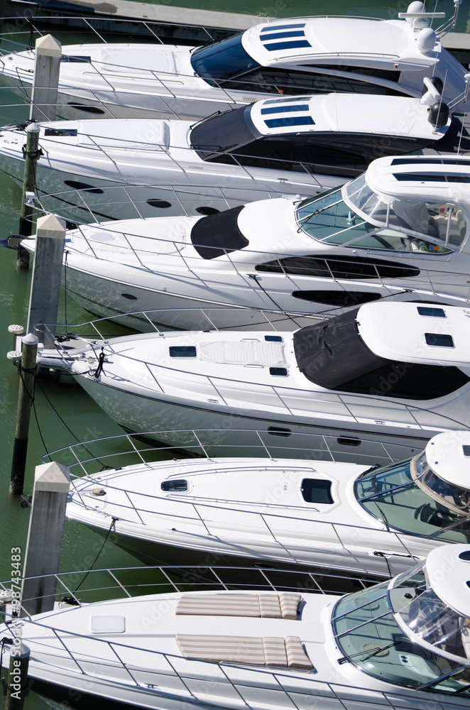 Obraz premium Rows of luxury yachts lined up at a marina dock