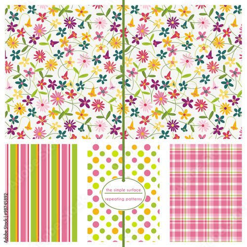 Floral ditsy seamless pattern set. Repeating floral pattern for fabric, baby shower, gift wrap, backgrounds, scrapbooking and more. Flower, stripe, polka dot and plaid print. Cute, colorful.