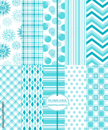 Ice blue snowflake seamless pattern set. Repeating patterns for gift wrap, holiday cards, invitations, backgrounds, and more. Snowflake, plaid, bubble, stripe, chevron, diamond and polka dot prints.