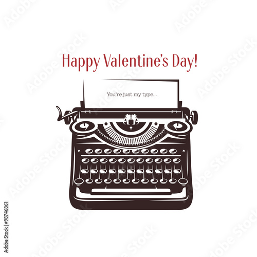 Valentine day card. Vintage typewriter with text on paper. Vector illustration