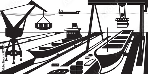 Shipbuilding with docks and cranes - vector illustration