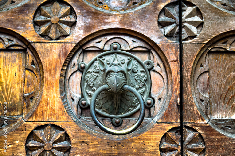 Antique door knocker shaped monster's head.
