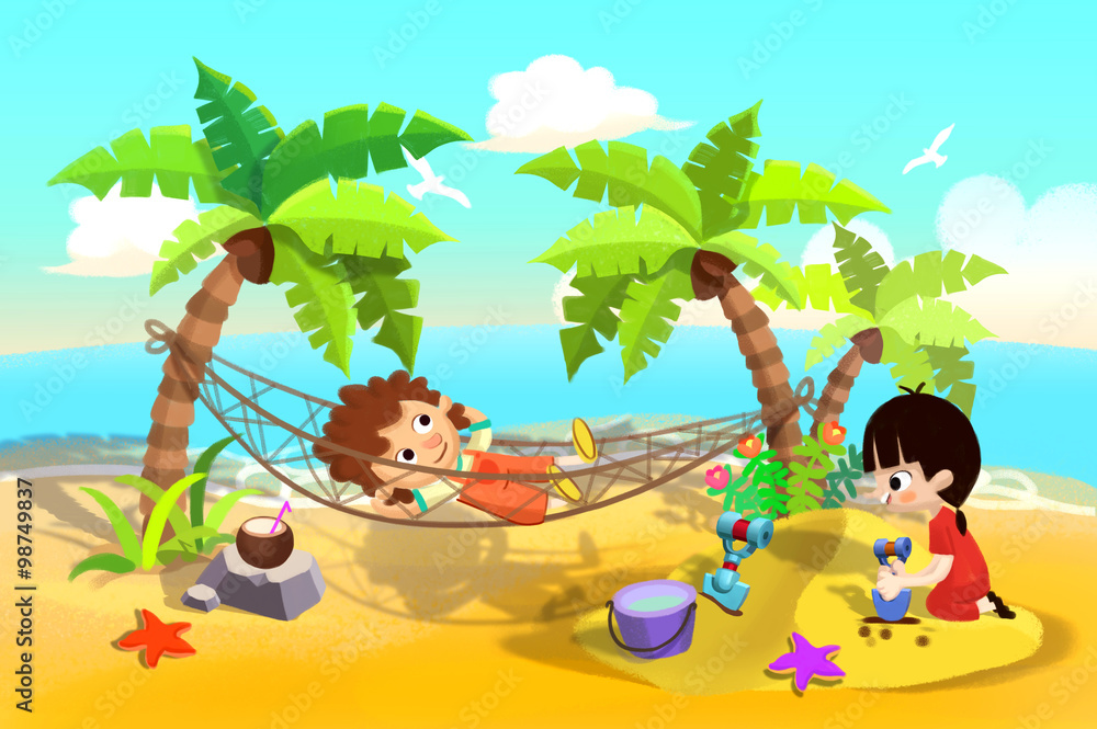 Illustration For Children Kids Play At Sand Beach One Sleeping In The Hammock One Playing In