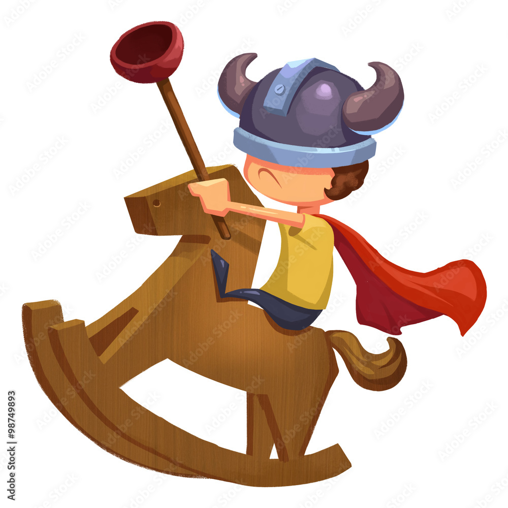 Φωτογραφία Illustration For Children: Naughty Kid Riding the Wooden Horse Rocking Chair