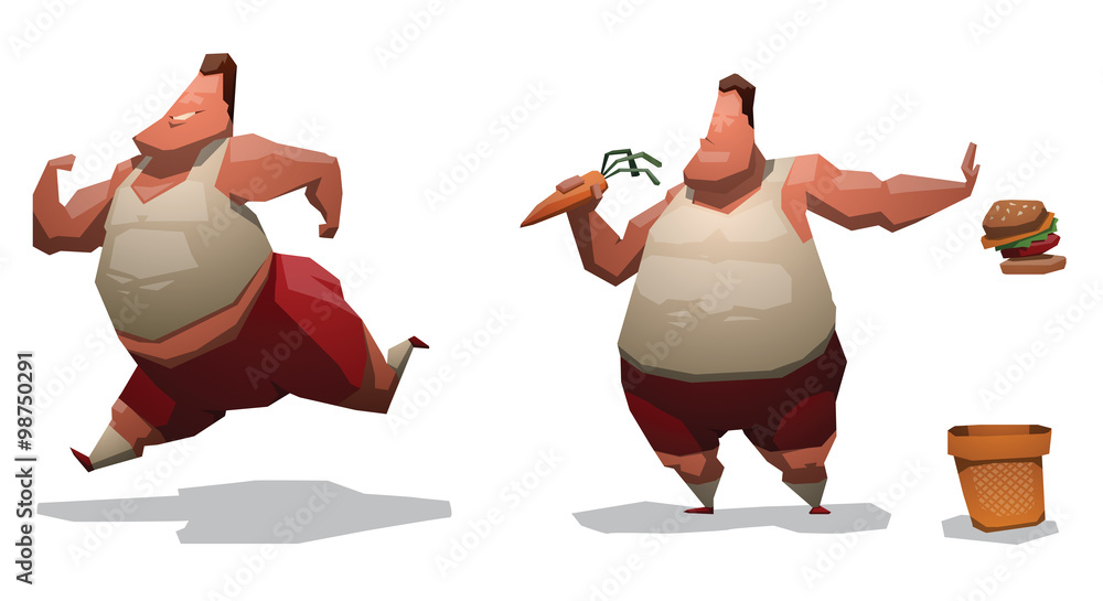Vector cartoon image of two fat men with brown hair in red shorts and white  T-