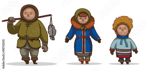 Vector Set of Eskimos. Cartoon image of family Eskimos: man, woman, child in warm clothes of different colors on a light background.