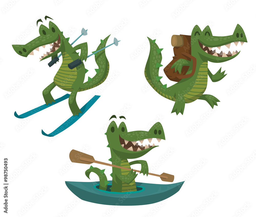 Fototapeta premium Vector Set of green crocodiles. Cartoon image of three funny green crocodiles involved in sports and tourism on a light background.