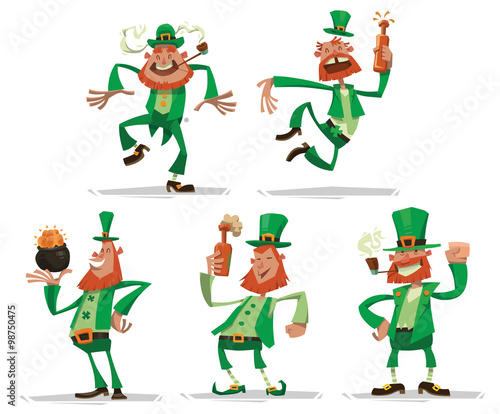 Vector cartoon image of five funny leprechauns in a green suits and hats, with beer and gold in their hands in various poses on a light background. In the theme of St. Patrick's Day.